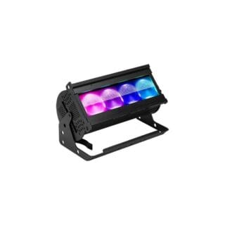 A black LED stage lighting fixture displays a gradient of purple, blue, and white lights. The light is mounted on an adjustable stand and shown against a plain white background. Perfect for audio or video productions.