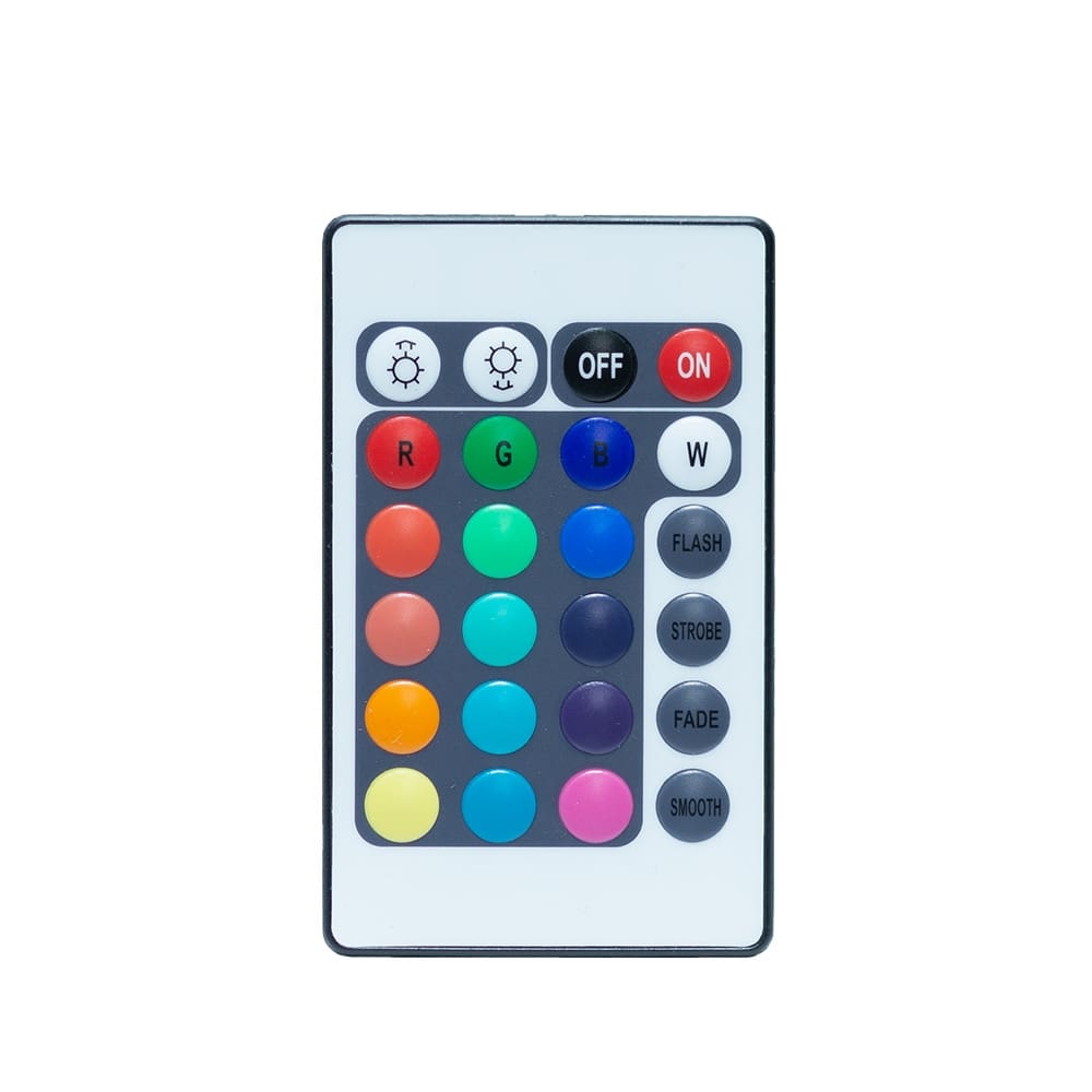 A multi-colored remote control for video and lighting, featuring buttons for colors, power, brightness, and lighting effects like flash, strobe, fade, and smooth, all set against a white background.