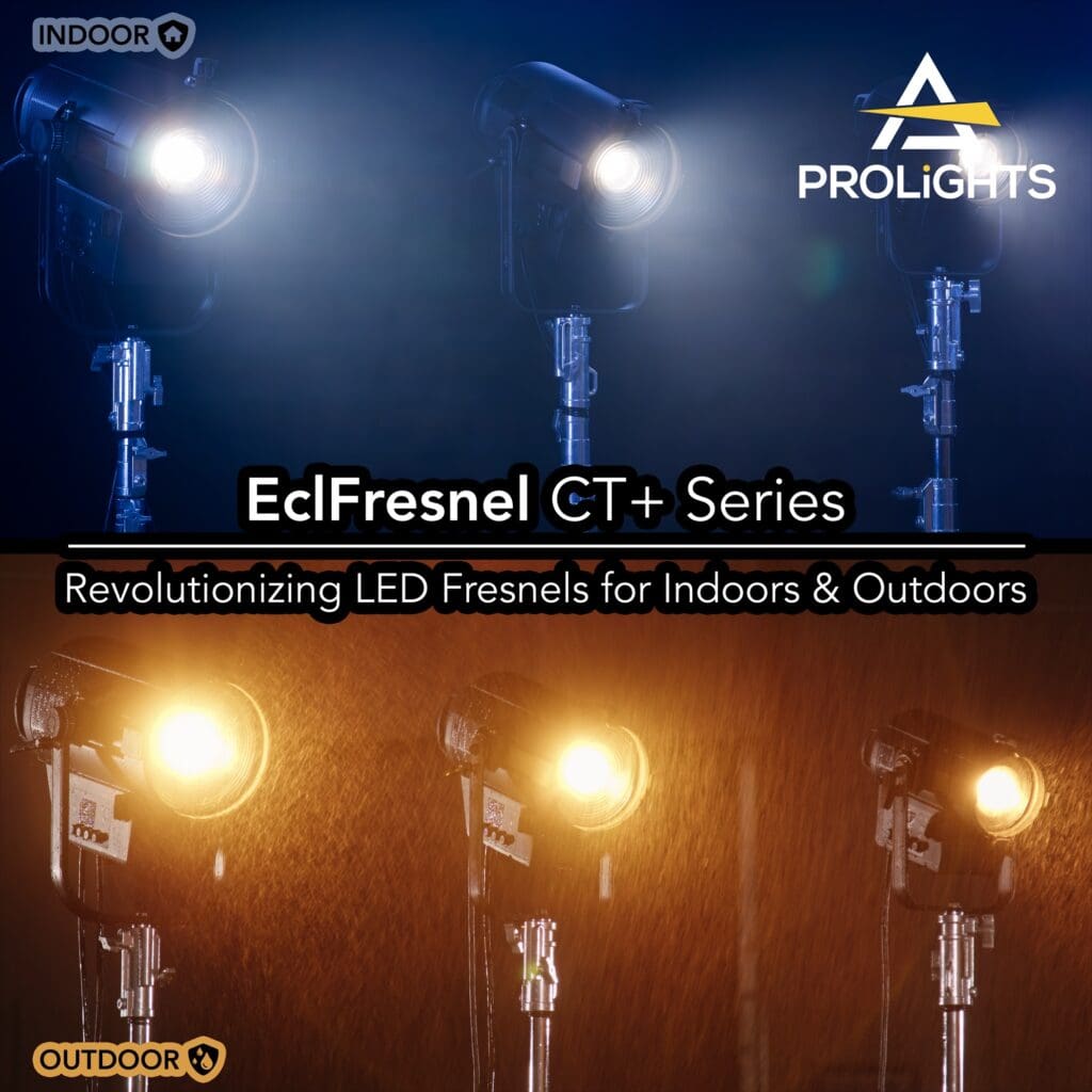 Promotional image for PROLIGHTS EclFresnel CT+ Series lighting, showing two lights in indoor (cool light) and outdoor (warm light, rain) settings, with text highlighting their versatile use for audio, lighting, and video environments.