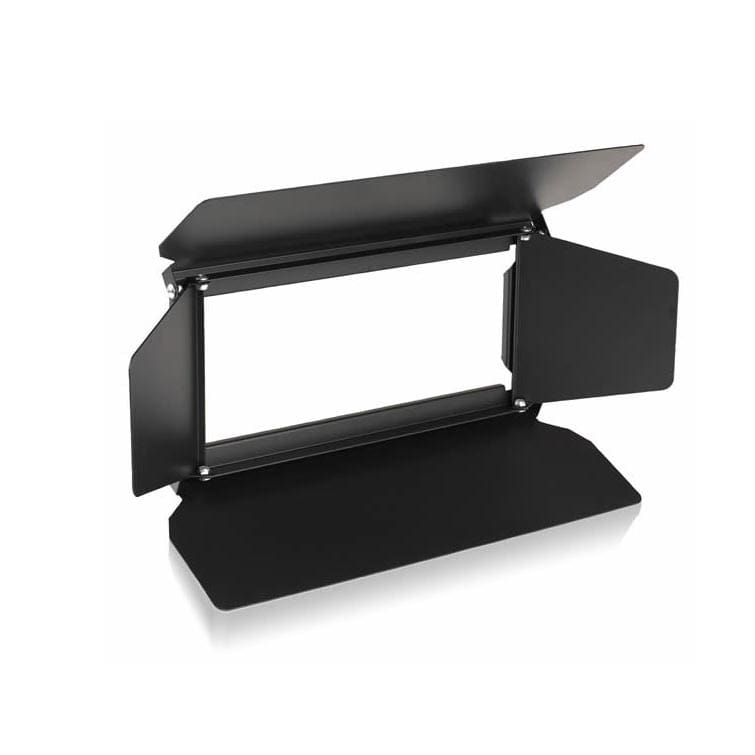A black metal barn door attachment with four adjustable flaps, designed for precise control of lighting direction and spread on stage, studio, or video production setups.