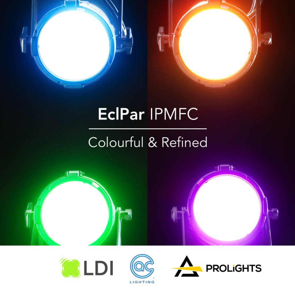 Four stage lights in blue, orange, green, and purple shine in each corner against a black background. Text in the center reads: EclPar IPMFC Colourful & Refined. Lighting logos for LDI, AC Lighting, and PROLIGHTS are below.