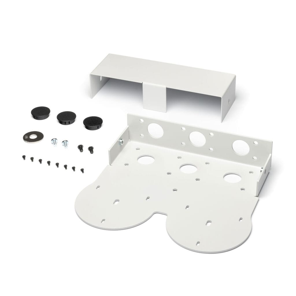 Metal mounting bracket kit with screws, caps, washers, and a rectangular cover, all laid out on a white surface. Ideal for lighting or audio installations, the bracket features multiple circular holes and cutouts for easy setup.