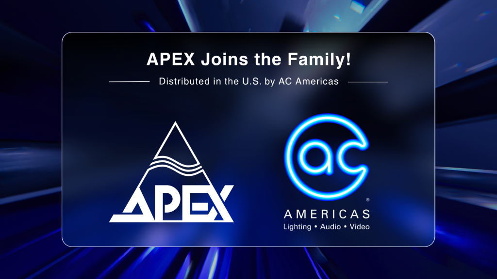 Announcement graphic with APEX Joins the Family! Distributed in the U.S. by AC Americas at the top, showing the APEX logo and the AC Americas logo with background streaks of blue light.