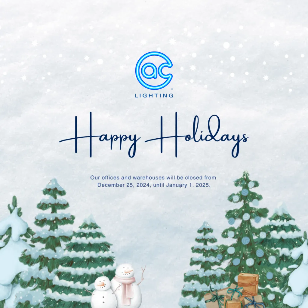 Holiday greeting card from AC Lighting with decorated trees, snowmen, wrapped gifts, and snow. Text says offices and warehouses are closed from December 25, 2024, until January 1, 2025. Wishing you a bright holiday season from your lighting and audio team!.